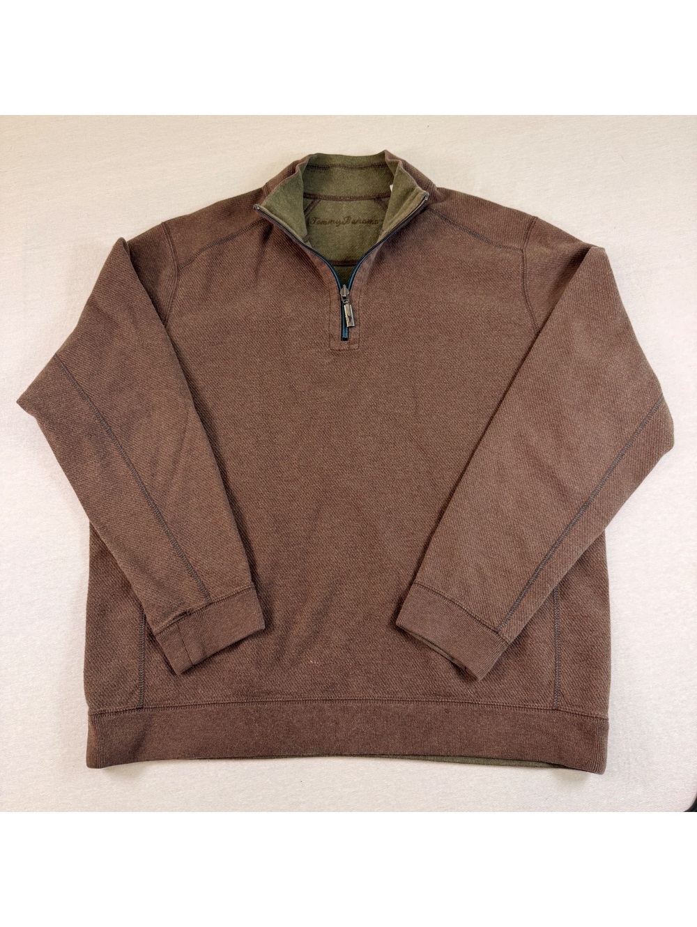 Tommy Bahama Mens M Reversible 1/4 Zip Brown Olive Sweater